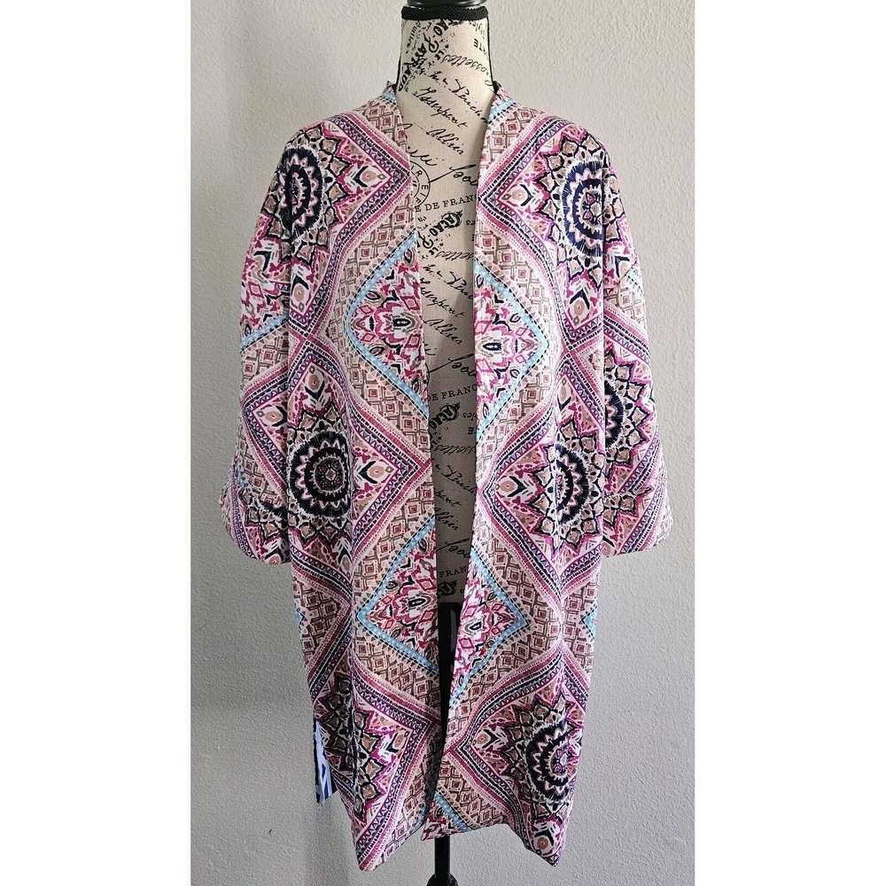 Chicos Art To Wear Kimono‎ Women 2 Multicolor Reversible Floral Geometric Boho